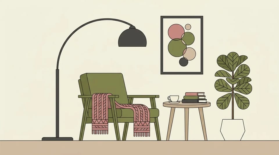 Scandinavian flat illustration of a reading nook with an armchair, a knit blanket, an arc floor lamp, a fig plant, and a stack of books in dusty rose, olive, and cream