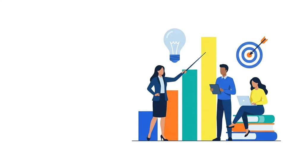 Flat illustration of three colleagues around a giant rising bar chart, one pointing at the bars with a long pointer, with a lightbulb and a target nearby on a white background
