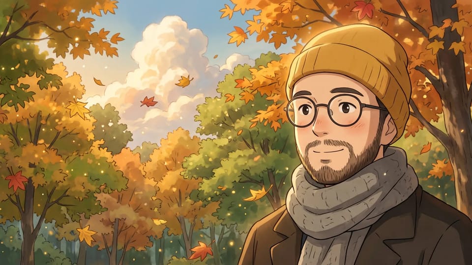 Ghibli-style portrait of a bearded man in round glasses, a mustard beanie and a grey scarf in an autumn park