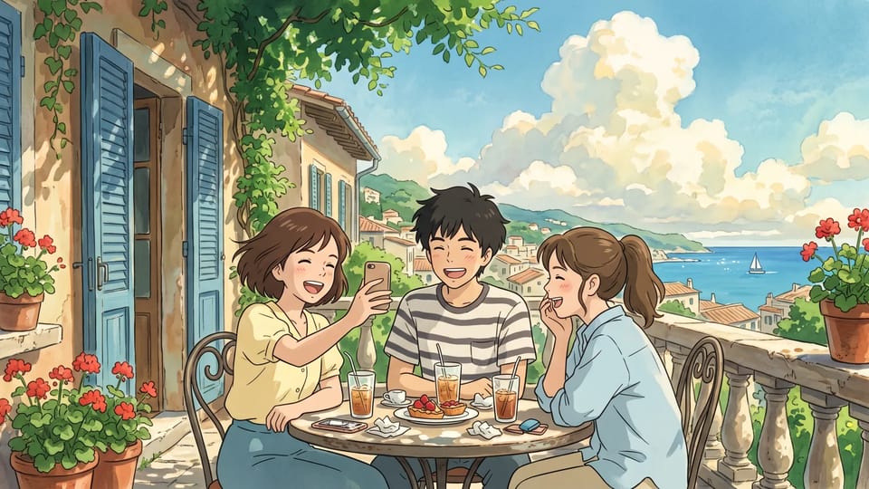 Ghibli-style painting of three friends laughing around a cafe table in a seaside town