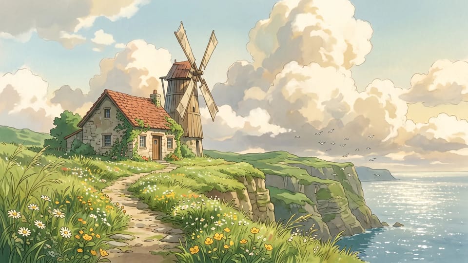 Painted Ghibli-style stone cottage with a wooden windmill on a sea cliff under towering clouds