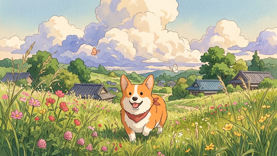 Painted Ghibli-style corgi with a red bandana trotting through a wildflower meadow