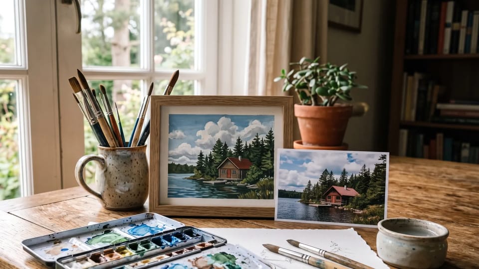 Wooden desk with a printed photo of a lakeside cabin beside a hand-painted gouache version of the same scene