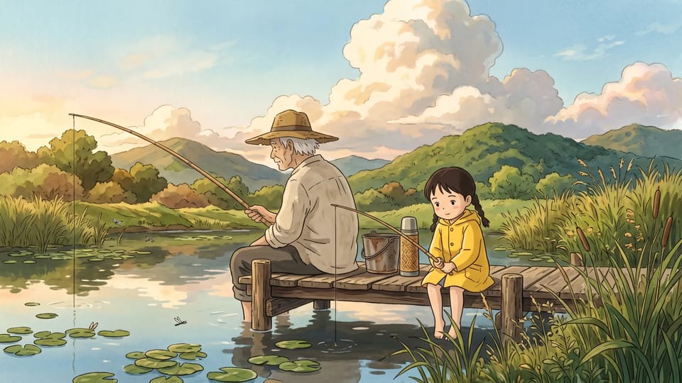 Ghibli-style illustration of a grandfather and his granddaughter fishing from a wooden jetty on a calm pond