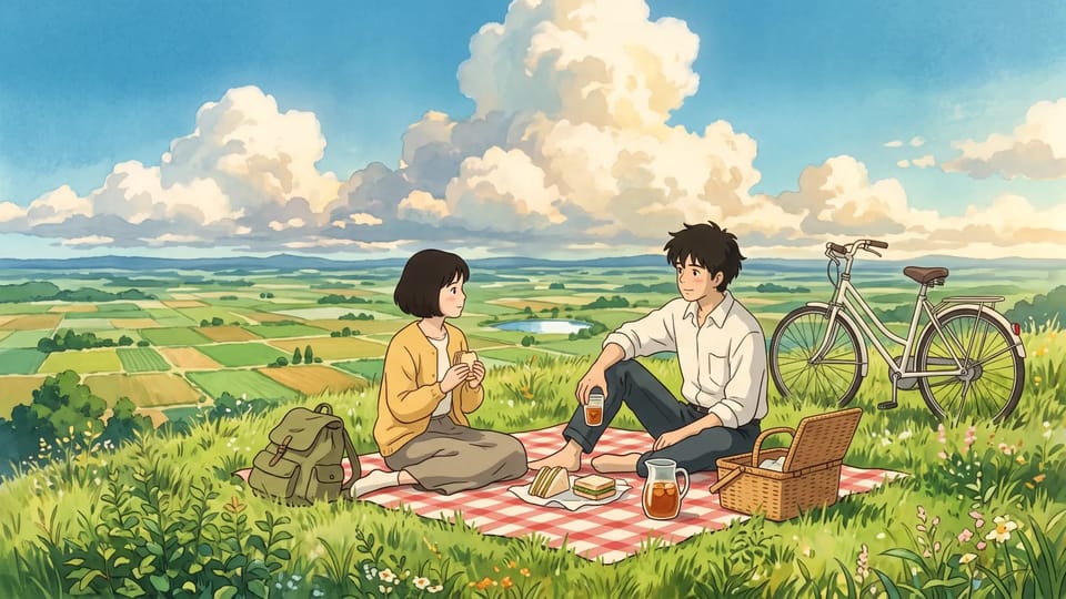 Hand-painted Ghibli-style illustration of two friends sharing sandwiches on a grassy hilltop under large clouds