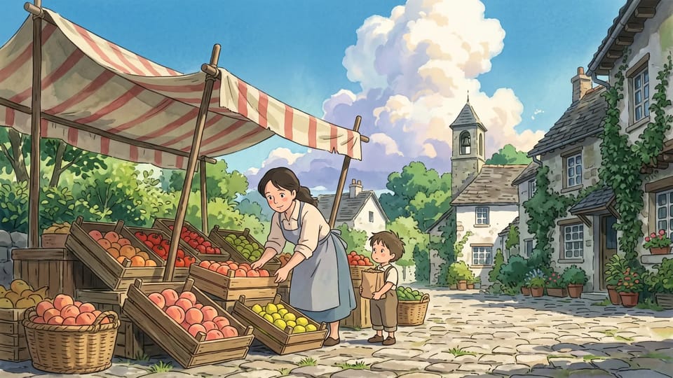 Painted Ghibli-style village market with crates of peaches and tomatoes under a striped awning and large clouds