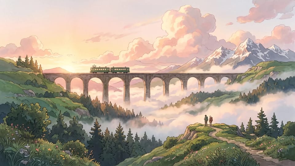 Ghibli-style painting of a small green train on a stone viaduct over a misty alpine valley at sunrise