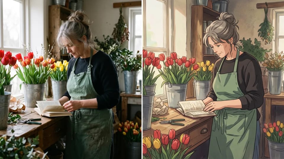 Before and after: a grey-haired woman in a green apron reads a book at a flower shop counter among buckets of red and yellow tulips, shown as a photograph on the left and as a 1990s-style anime illustration on the right.