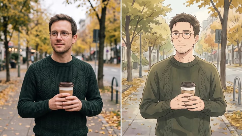 Before and after: a man with round glasses and a green knit sweater holds a takeaway coffee on a tree-lined autumn street, shown as a photograph on the left and as a soft anime illustration on the right.