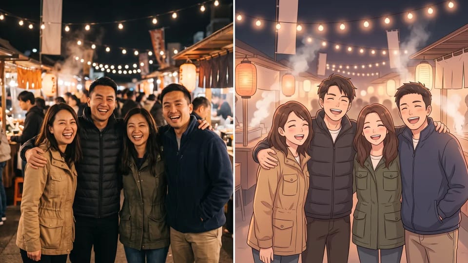 Before and after: four friends laugh with their arms around each other at a night food market under string lights, shown as a photograph on the left and as a warm slice-of-life anime illustration on the right.