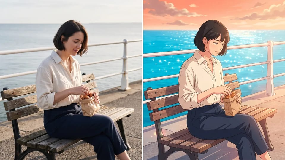Before and after: a woman with a short dark bob and a cream linen shirt sits on a seaside promenade bench opening a bag of pastries, shown as a photograph on the left and as a bright sea-blue anime illustration on the right.