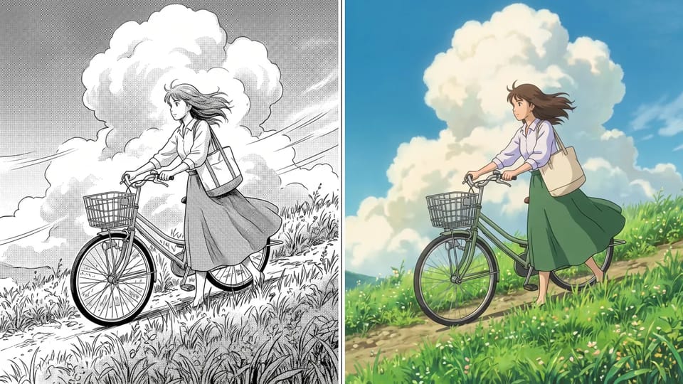 Before and after: a young woman in a long skirt pushes a bicycle up a grassy hill under big clouds, shown as a black-and-white manga panel on the left and as a full-color anime frame on the right.