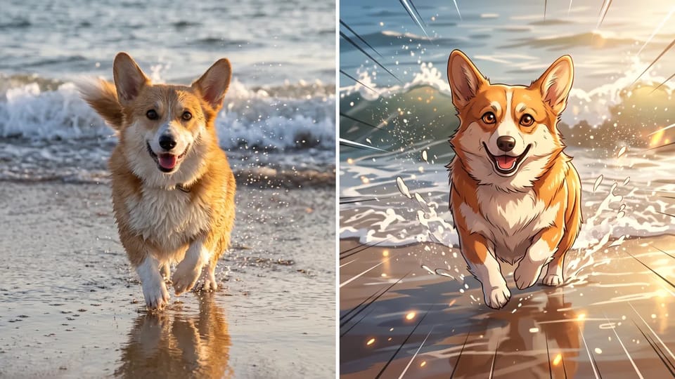Before and after: a corgi runs through shallow surf on a beach, shown as a photograph on the left and as a bright anime illustration with speed lines on the right.