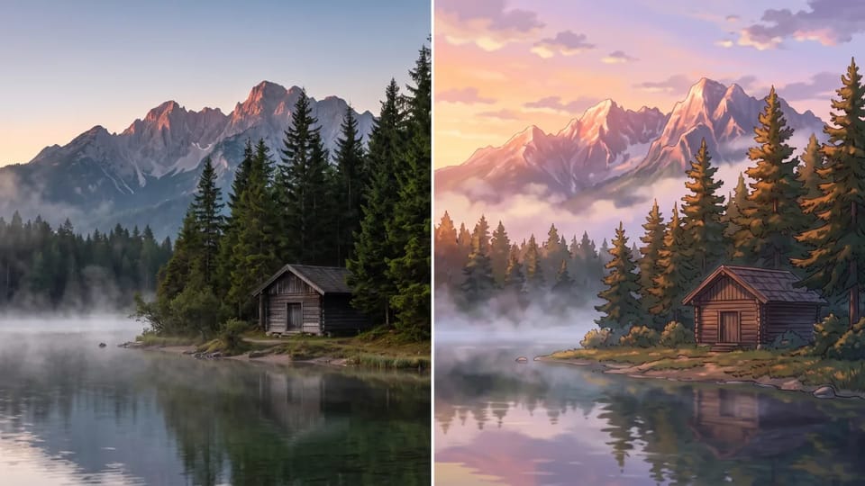 Before and after: a small wooden cabin on the shore of a misty mountain lake with pine trees at dawn, shown as a photograph on the left and as a painterly anime background on the right.