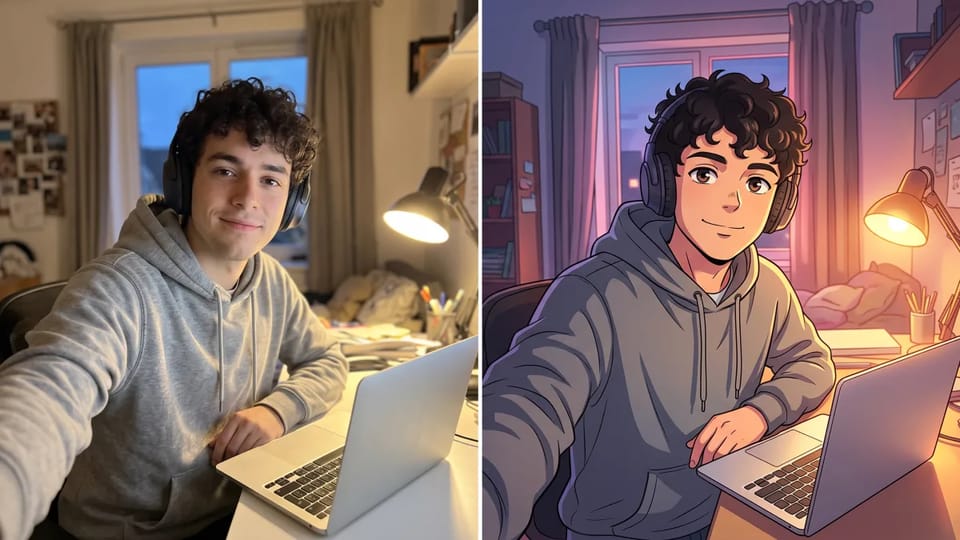 Before and after: a young man with curly hair, headphones and a grey hoodie takes a selfie at his laptop desk, shown as a photograph on the left and as a bold-outline anime avatar-style illustration on the right.