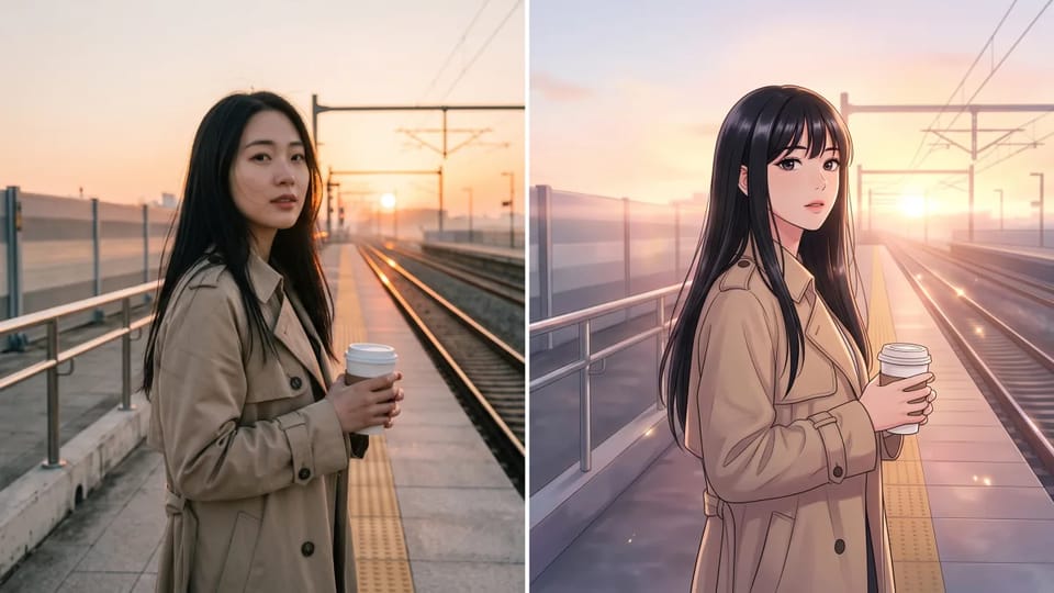 Before and after: a woman with long black hair in a beige trench coat holds a paper cup on a train platform at sunrise, shown as a photograph on the left and as a webtoon-style illustration with smooth gradients on the right.
