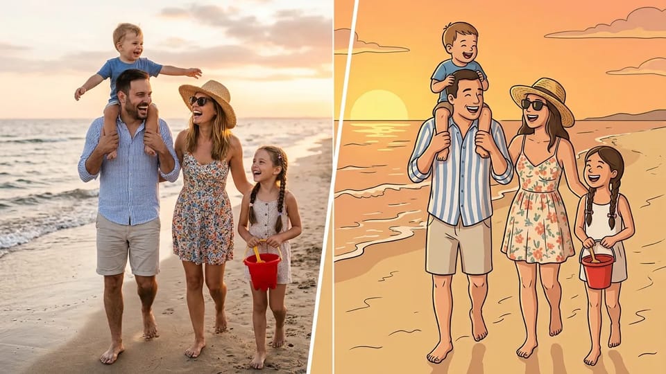 Beach photo of a family of four at golden hour beside the same family redrawn as a 2D cartoon