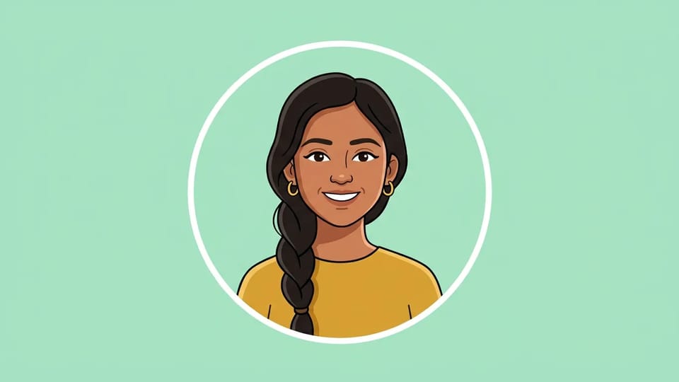 Round cartoon profile picture of a smiling woman with a long dark braid and gold hoop earrings on a mint background