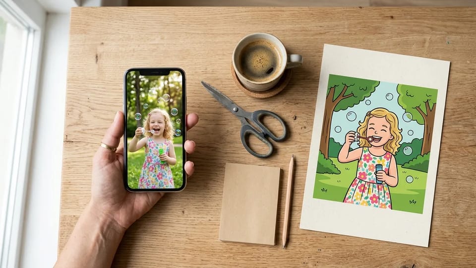 A phone showing a photo of a girl blowing bubbles beside a printed cartoon version of the same scene on a wooden desk