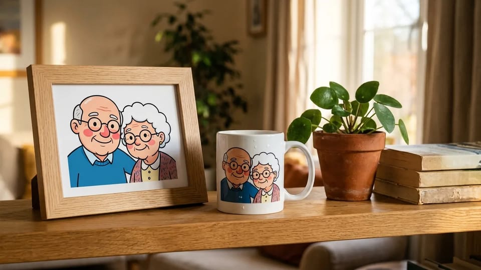 Framed cartoon portrait of an elderly couple and a mug printed with the same cartoon on a living-room shelf