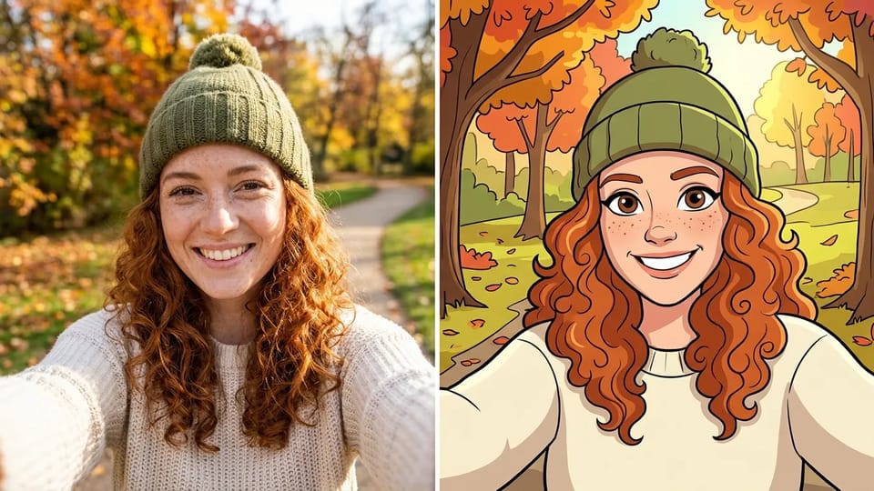 Selfie of a freckled woman with red curls and a green beanie beside a 2D cartoon version of her