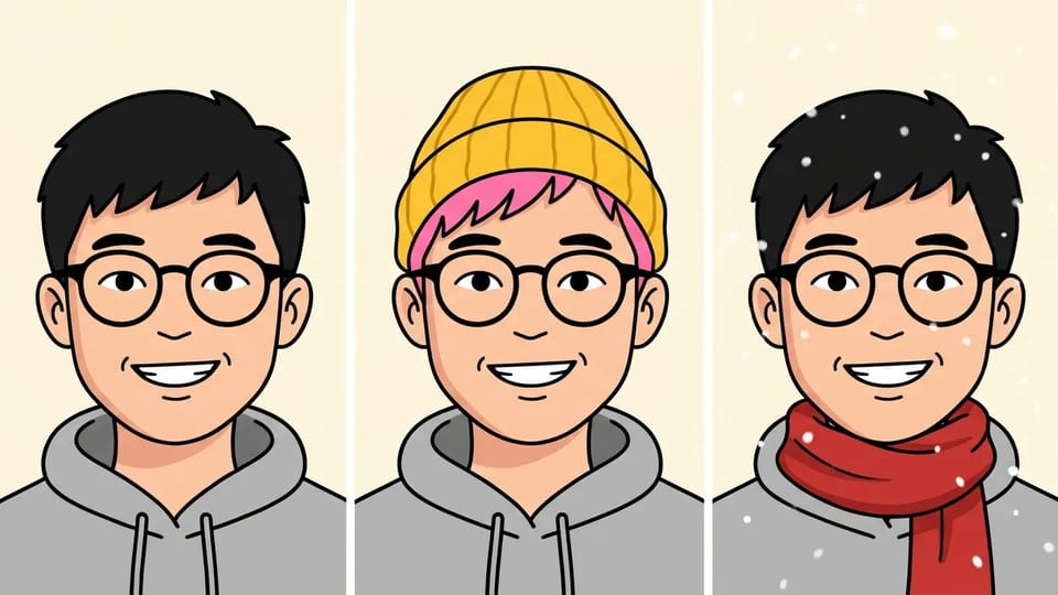 Three cartoon portraits of the same young man in round glasses: plain, with pink hair and a yellow beanie, and with a red scarf in snow