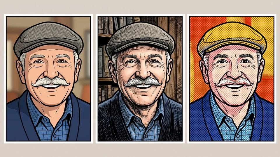 Cartoon portraits of the same mustached man in a flat cap drawn in the Classic, Comic Book and Pop Art styles