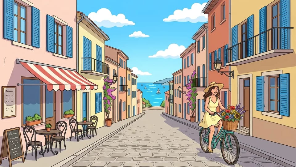 Cartoon of a sunny seaside street with pastel houses and a woman riding a teal bicycle toward the sea