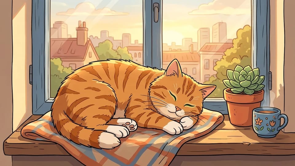 Cartoon of a ginger tabby cat with white paws curled up on a sunny windowsill beside a succulent
