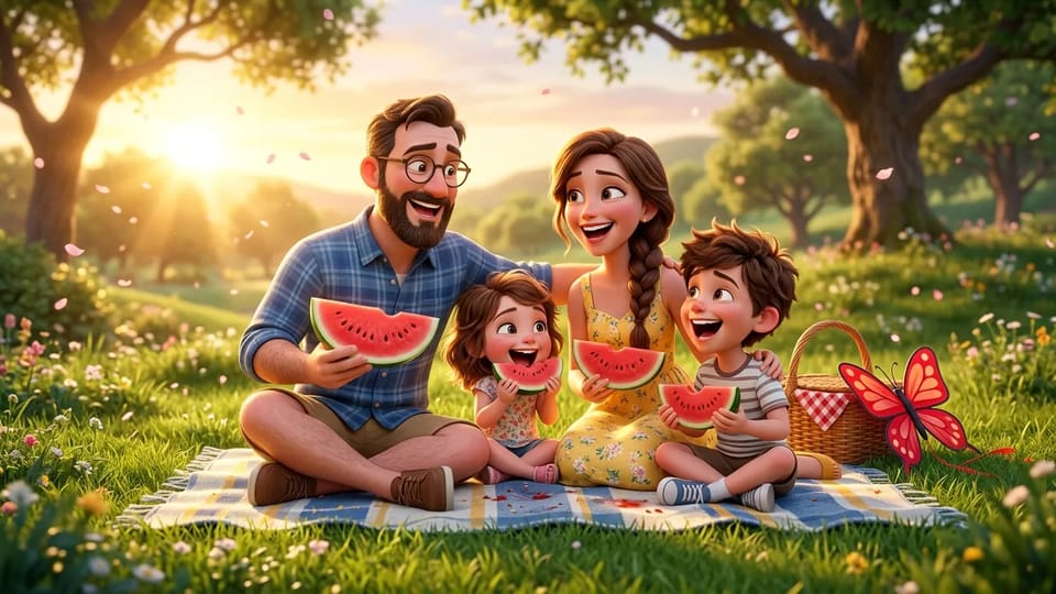 A 3D cartoon family of four laughing on a picnic blanket and eating watermelon slices at golden hour, with a wicker basket and a red butterfly kite beside them