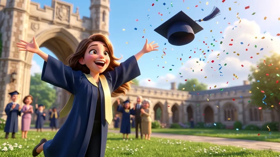 A joyful 3D cartoon graduate in a navy gown and gold stole throwing her cap into the air with arms wide, confetti falling and a stone campus building behind her