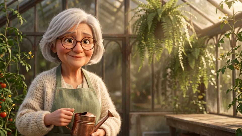A 3D cartoon portrait of an older woman with a silver bob and round glasses holding a copper watering can in a sunny glasshouse