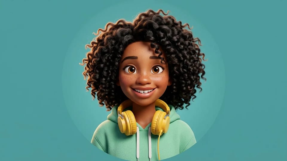 A centered 3D cartoon head-and-shoulders portrait of a freckled, curly-haired teenager with yellow headphones around her neck and a mint hoodie, on a teal backdrop with a soft circular glow behind her