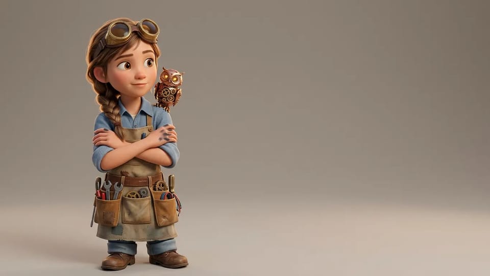 A 3D cartoon young inventor with a long side braid, brass goggles on her forehead and a tool-filled apron, arms crossed, with a small clockwork owl perched on her shoulder against a plain warm-grey backdrop