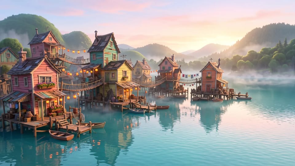 A 3D cartoon lakeside village of colorful stilt houses, rope bridges and rowboats at dawn