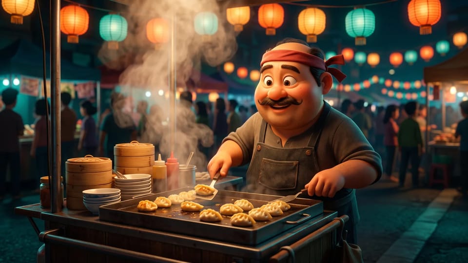 A cheerful 3D cartoon street-food vendor with a handlebar mustache flipping dumplings under glowing paper lanterns at a night market
