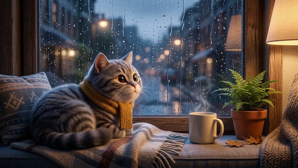 A 3D cartoon grey tabby cat in a knitted mustard scarf resting on a blanket on a window seat beside a white mug and a potted fern while rain runs down the window