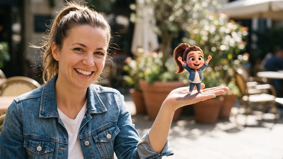 A smiling woman in a denim jacket holds out her palm, where a tiny 3D cartoon version of herself cheers with both arms raised